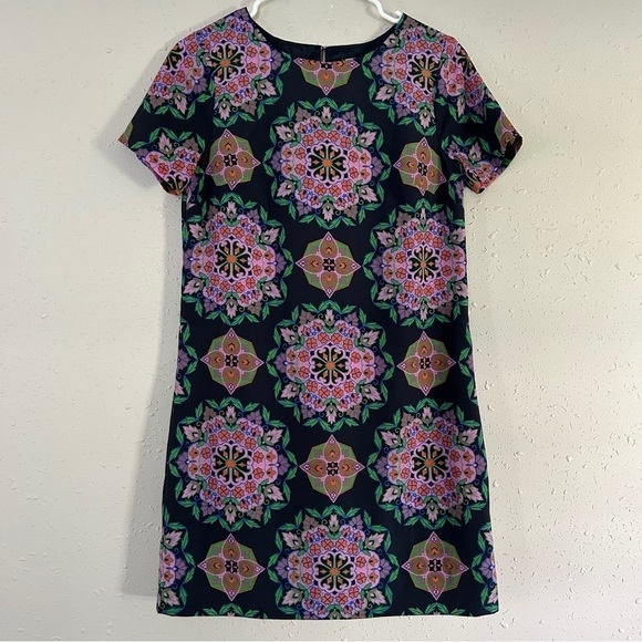J. Crew Factory Purple Green Geometric Print Short Sleeve Mini Shift Dress 0 - Picture 1 of 6